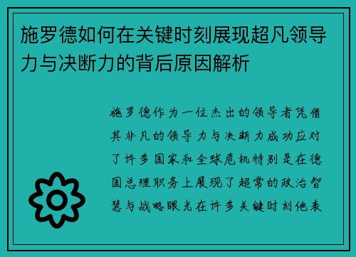 施罗德如何在关键时刻展现超凡领导力与决断力的背后原因解析